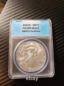 2001 Silver Eagle Ms70 Anacs S$1 Rare Date Low Mintage Blue Label Mint State 70
