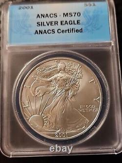 2001 Silver Eagle Ms70 Anacs S$1 Rare Date Low Mintage Blue Label Mint State 70