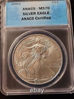 2001 Silver Eagle Ms70 Anacs S$1 Rare Date Low Mintage Blue Label Mint State 70