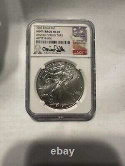 2002 NGC MS 69 Mint Error Obverse Struck Thru Silver Eagle $1 Signed