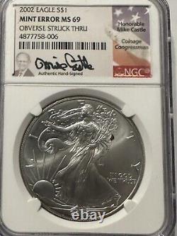 2002 NGC MS 69 Mint Error Obverse Struck Thru Silver Eagle $1 Signed