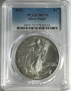 2002 Pcgs Ms70 Silver American Eagle Mint State 1 Oz. 999 Fine Bullion