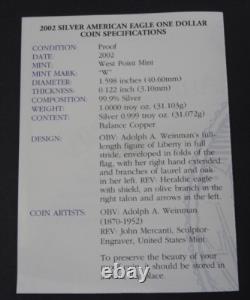 2002-W Proof American Silver Eagle Dollar $1 Box & COA US Mint Bullion OGP