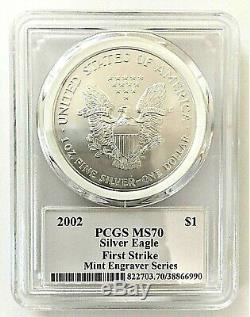 2002-mint Engraver Silver Eagle-pcgs Ms70-first Strike-mercanti-population 80
