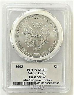 2003-mint Engraver Silver Eagle-pcgs Ms70-first Strike-mercanti-flag-pop 110
