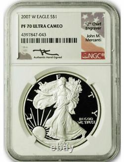 2007-W $1 Proof Silver Eagle NGC PF70 Ultra Cameo John Mercanti Signed