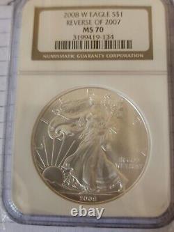2008 W Silver Eagle Reverse Of 2007 Ngc Graded Ms70 Only 47,000 minted