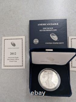 2010-2012 W US Mint American Eagle One Ounce Silver Proof Coins COA, Box, 3 OZT