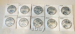2010 American Silver Eagle Lot of 10 Beautiful ASE 1oz Silver Coins
