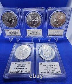 2011 5 Coin 25th Anniversary Silver Eagle Set PCGS PR69 MS69 Mercanti With Case