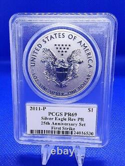 2011 5 Coin 25th Anniversary Silver Eagle Set PCGS PR69 MS69 Mercanti With Case