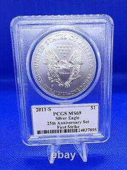 2011 5 Coin 25th Anniversary Silver Eagle Set PCGS PR69 MS69 Mercanti With Case