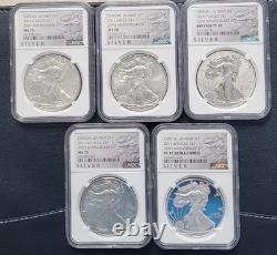 2011 American Silver Eagle 25th Anniversary 5 Coin Set NGC 70