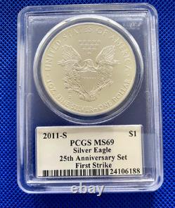 2011 S Silver Eagle PCGS MS69 FIRST STRIKE From 25th Anniversary Set MERCANTI
