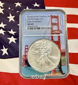 2013-S Early Production Silver Eagle NGC MS69 San Francisco Bridge Core