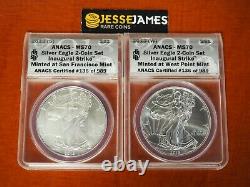 2013 (s) (w) Silver Eagle Anacs Ms70 Minted At San Francisco & Wp 2 Coin Set