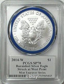 2014-w Mint Engraver Burnished Silver Eagle-pcgs Sp70-mercanti-flag-pop 366