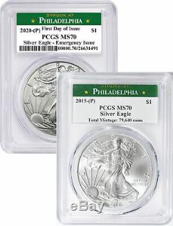 2015-P 2020-P Silver Eagles Philadelphia Mint Label PCGS MS70 Key Date Set