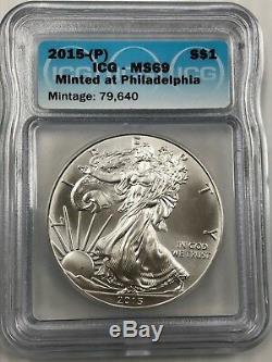 2015 P Silver Eagle ICG MS69 Struck at Philidelphia Mint Mintage 79,640 Q1AZ