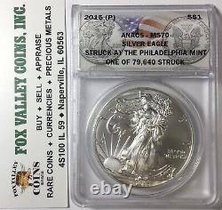 2015-p Silver Eagle Anacs Ms70 Struck At The Philadelphia Mint Mintage 79,640