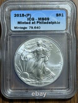 2015 (p) Silver Eagle Icg Ms69 Minted At Philadelphia Mint Mintage 79,640 Key