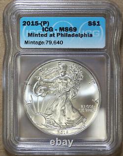 2015-(p) Silver Eagle Icg Ms69 Minted At Philadelphia Scarce