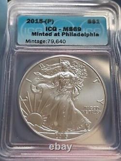 2015 (p) Silver Eagle Icg Ms69'minted At Philadelphia Mint' Mintage 79,640 Key