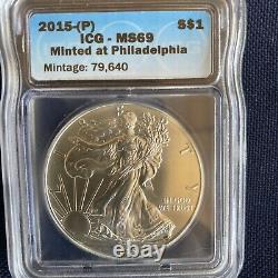 2015 (p) Silver Eagle Icg Ms69'minted At Philadelphia Mint' Mintage 79,640 Key