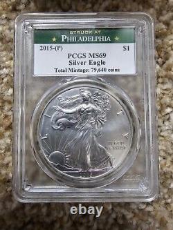 2015 (p) Silver Eagle Pcgs Ms69 Struck At Philadelphia Mint Green Label