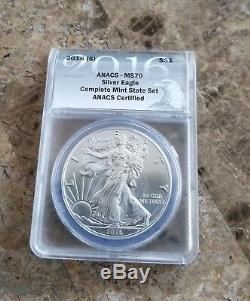 2016 (P), (S), (W) MS70 ANACS-Silver Eagle Mint Set $$Low Population$$