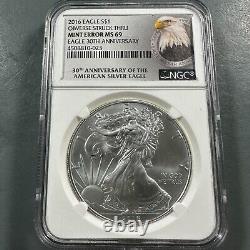 2016 Silver Eagle NGC MS69, MINT ERROR Obv Struck Thru, 30th Anniversary (82444)