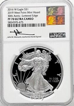 2016-w Silver Eagle? Ngc Pf70? Mercanti Signed? From 2019 Wp Mint Hoard