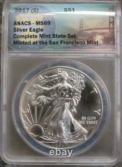 2017 AMERICAN 1 oz SILVER EAGLES Complete Set of 3 (P)(S)(W) Mints ANACS MS69