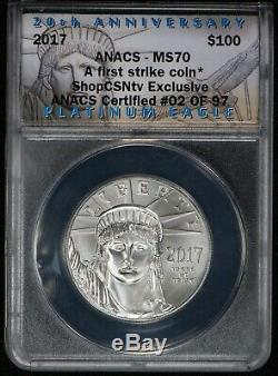 2017 P$100 1 OZ AMERICAN PLATINUM EAGLE 20th ANNIVERSARY ANACS MS70 LOT#V929