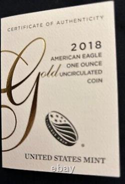 2018W American Eagle One Ounce Gold Coin U. S. Mint Certified withBox & C. O. A