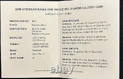 2018W American Eagle One Ounce Gold Coin U. S. Mint Certified withBox & C. O. A