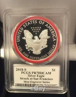 2018-s Pcgs Pr70dcam Silver Eagle Mercanti Mint Engraver Series San Francisco $1