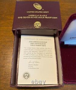 2019 1/10 oz Gold American Eagle Proof with Mint Box and Mint COA