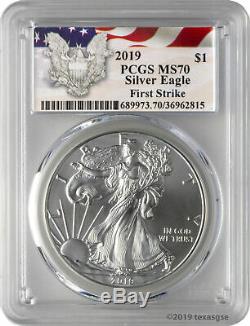 2019 $1 American Silver Eagle PCGS MS70 First Strike Eagle Label Lot of 10
