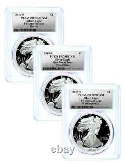 2019 $1 S Proof Silver Eagle Mint locations 3 Coin Set PCGS PR70 DCAM FDOI