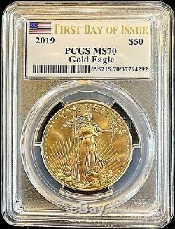 2019 $50 American Gold Eagle MS70 PCGS 1 oz First Day Of Issue Flag Label MINT