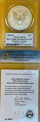 2019 S Enhanced Reverse Proof Silver Eagle Pcgs Pr70 Fdi Cleveland Coa #00614