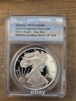 2019 W Proof Silver Eagle Anacs Pr70 Dcam Day One Congratulations Set 009 Of 100