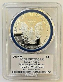 2019-w Proof Silver Eagle-pcgs Pr70-fdoi-mint Engravers Gem-mercanti-pop 100