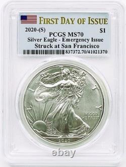 2020-2021 Silver Eagle Emergency Issue Set (4) PCGS MS70 FDOI Flag Label