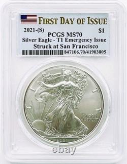 2020-2021 Silver Eagle Emergency Issue Set (4) PCGS MS70 FDOI Flag Label