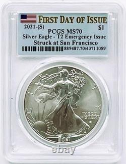 2020-2021 Silver Eagle Emergency Issue Set (4) PCGS MS70 FDOI Flag Label