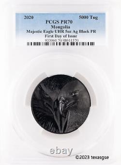 2020 Mongolia 5000T Majestic Eagle 5oz Black Proof Silver Coin PCGS PR70 FD