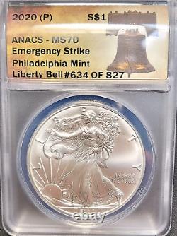 2020 (P) $1 SILVER EAGLE ANACS MS70 Emergency Strike Philadelphia Mint #634-#637