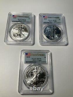 2020 Silver Eagle 1 Oz PCGS MS70 First Strike Lot of 3 Coins
